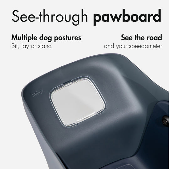 Detailed view of the pawboard on the Kvisp dog carrier in Midnight Gray which is transparent so you can see your ebike speedometer and dogs can see the ground while biking #color_midnight-gray