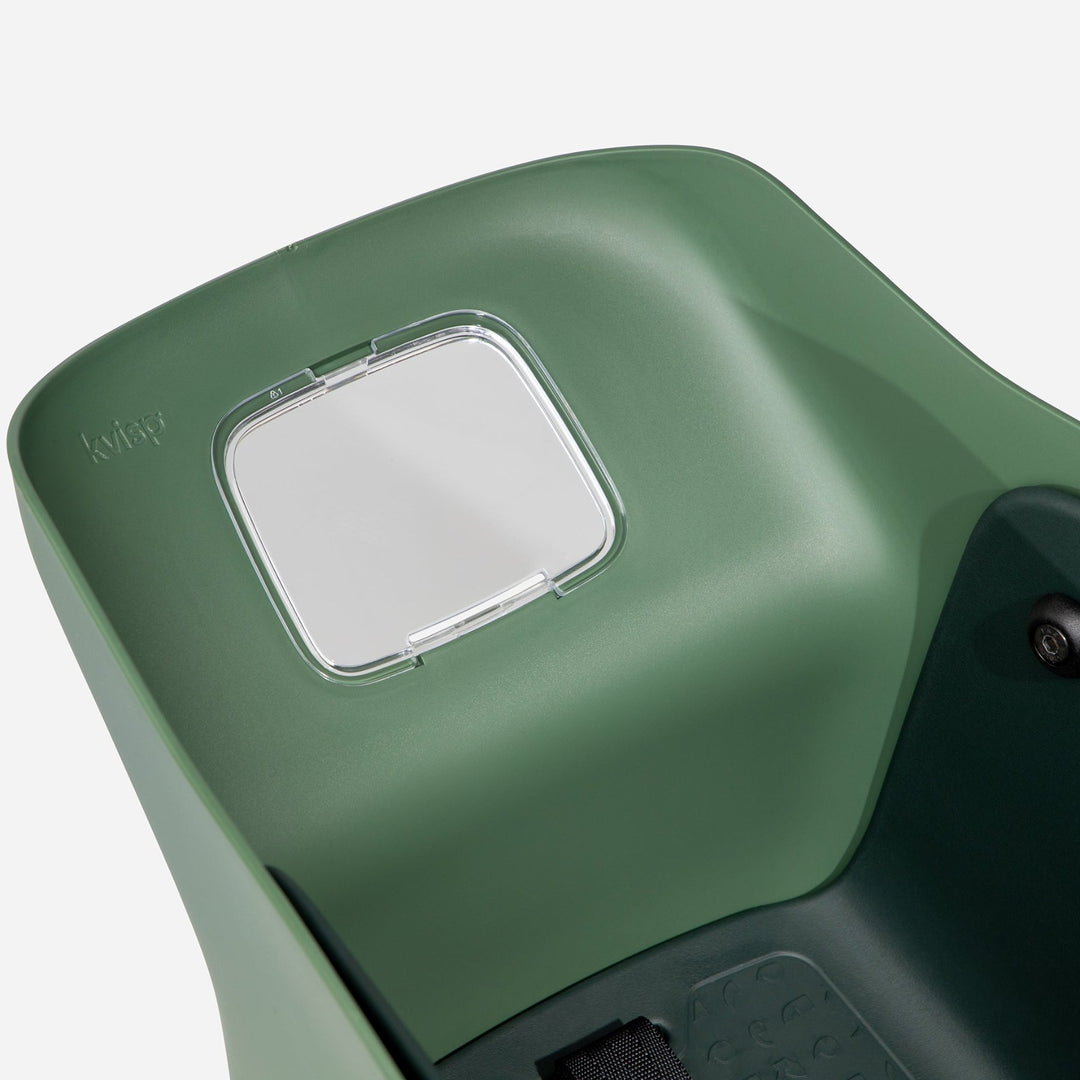 Detailed view of the pawboard on the Kvisp dog carrier which is transparent so you can see your ebike speedometer and dogs can see the ground while biking #color_forest-green